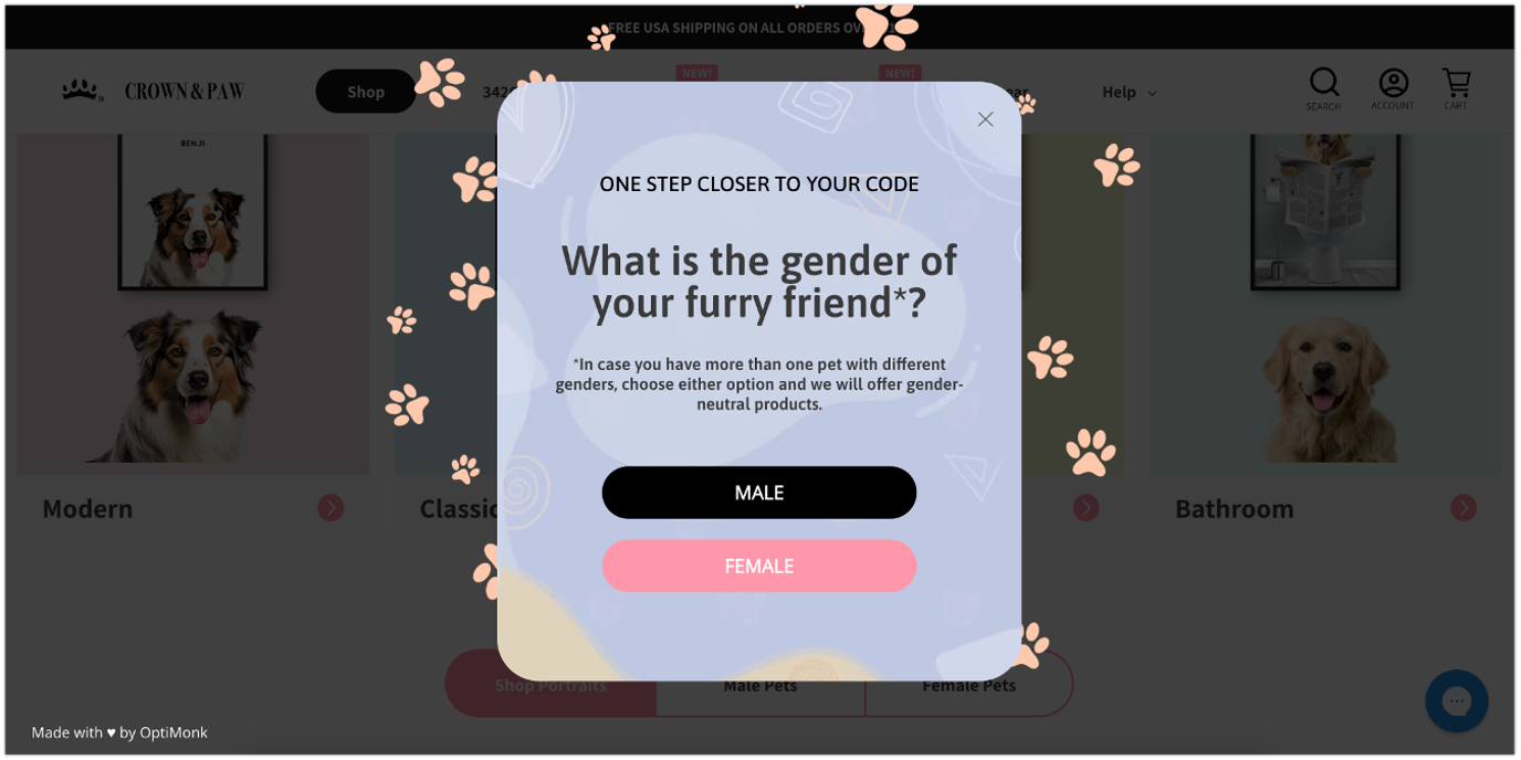 Crown and Paw's segmentional popup asked for questions on the second page