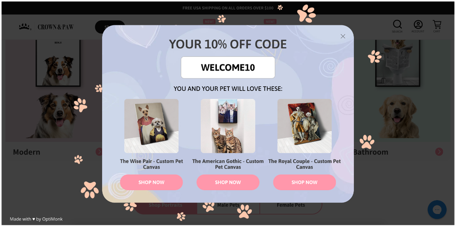 Crown and Paw's segmentional popup provided personalized recommendations and a discount code to their visitors