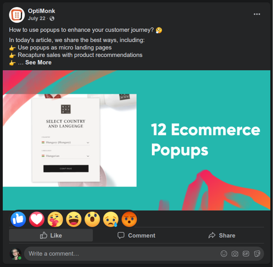 Facebook reactions on an OptiMonk Facebook post