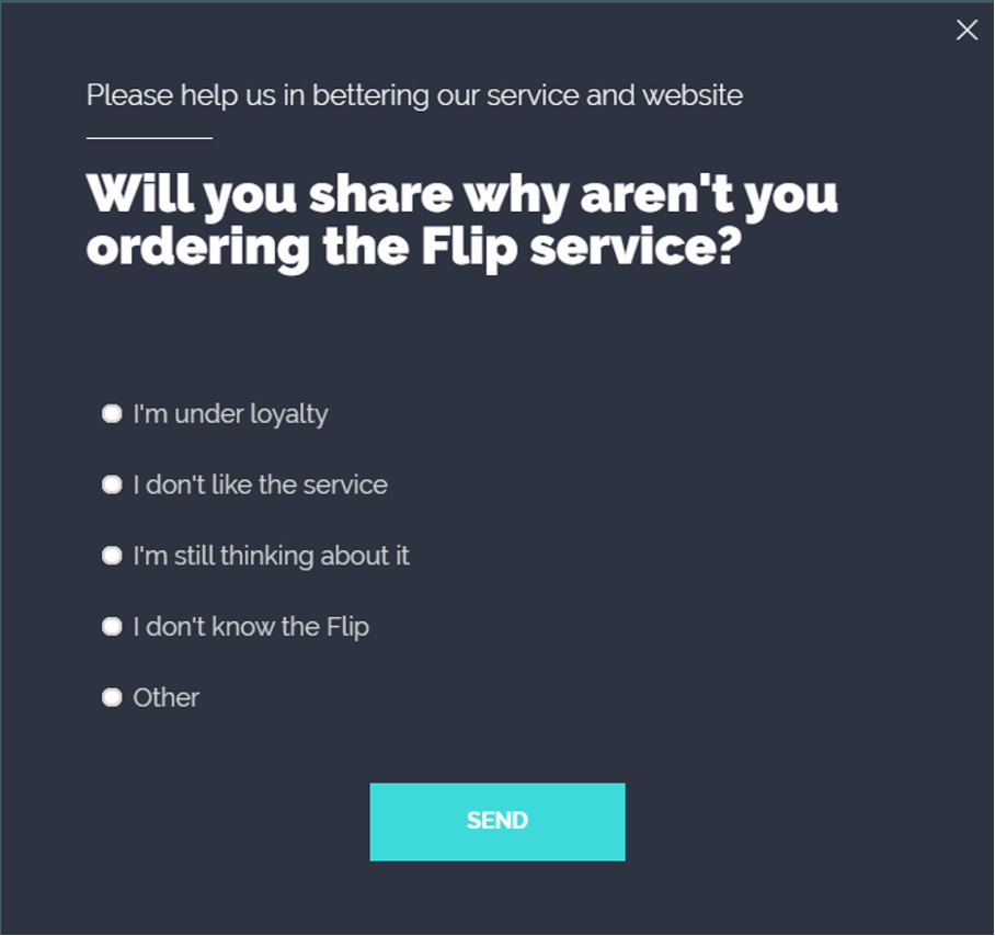 Popup asking for feedback to improve customer satisfaction