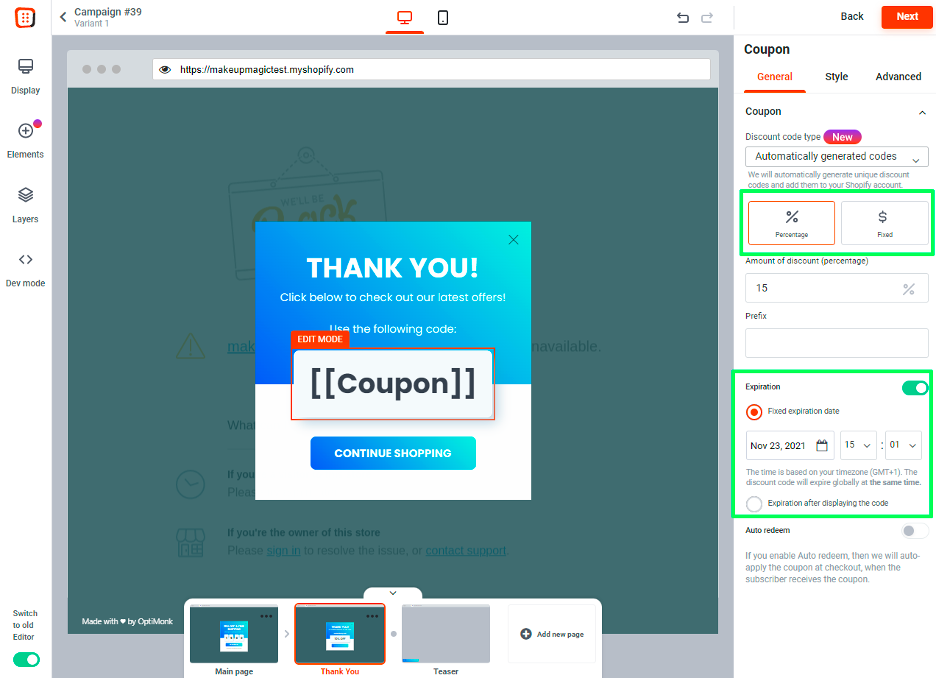 How to set up automatically generated coupon codes with OptiMonk