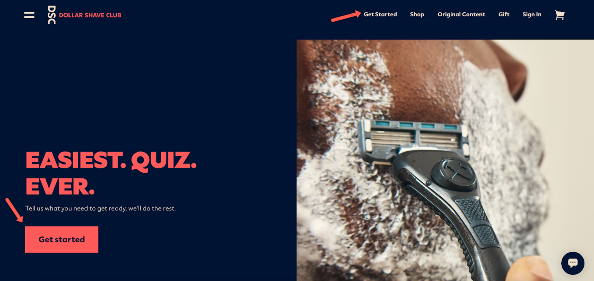 The homepage of the Dollar Shave Club website promotes their quiz