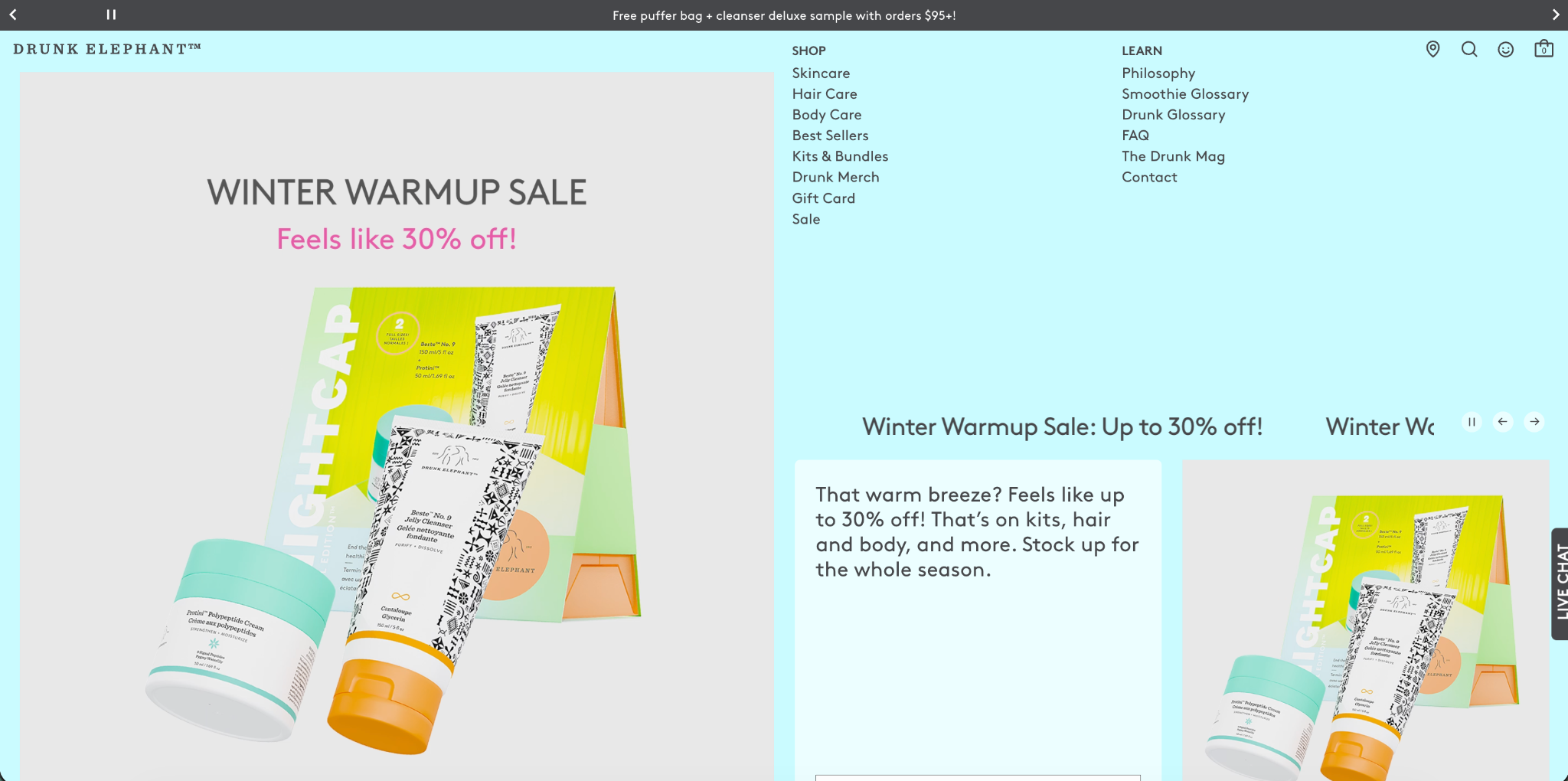 Drunk Elephant website announcement bar