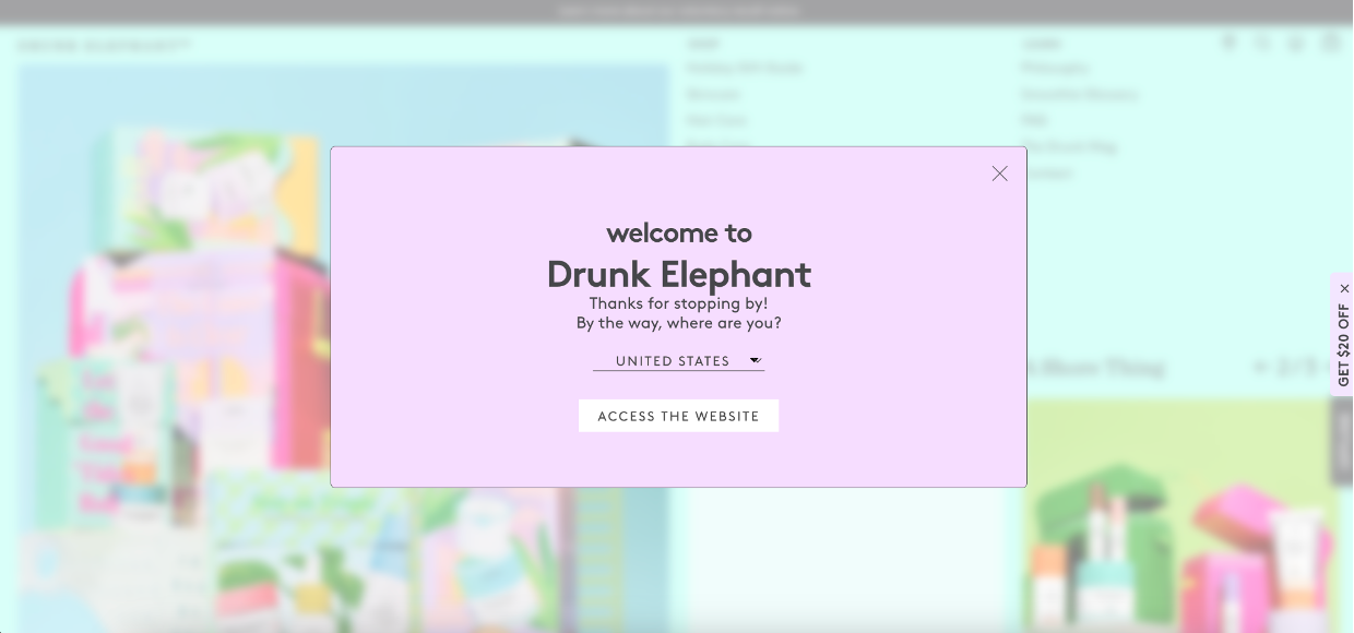 Drunk Elephant country choosing welcome popup