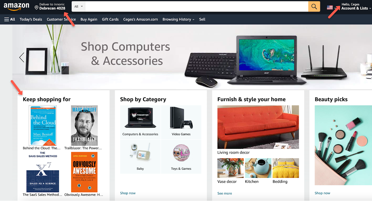 Homepage site personalization from Amazon