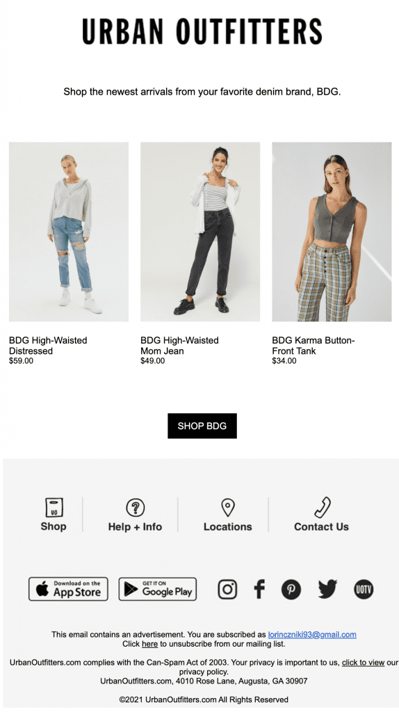 Urban Outfitter e-commerce email marketing example with product recommendation