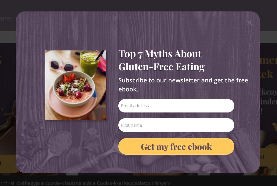 Natural Vital popup example promoting a free ebook debunking health and nutrition myths with a curiosity-driven call-to-action.