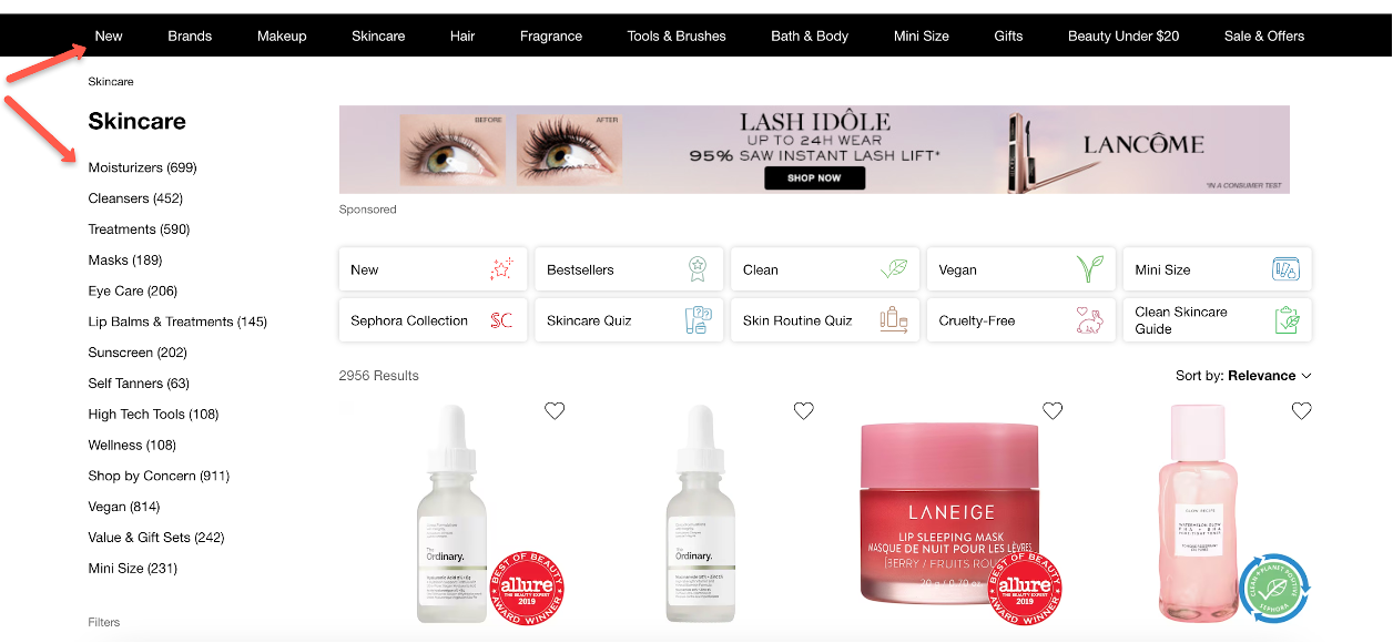 Improve your ecommerce category pages by using both a vertical and a horizontal category menu