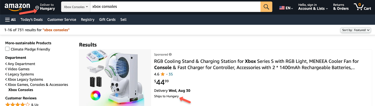 Amazon category page with dynamic country recognition
