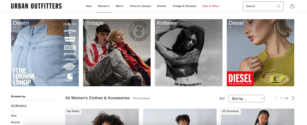 Urban Outfitters featured categories on the category page