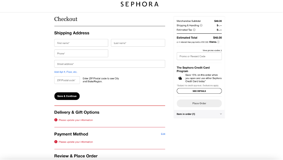 Sephora e-commerce checkout example