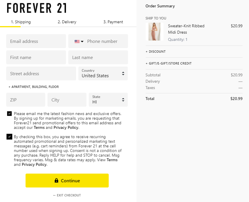 Forever21 ecommerce checkout page