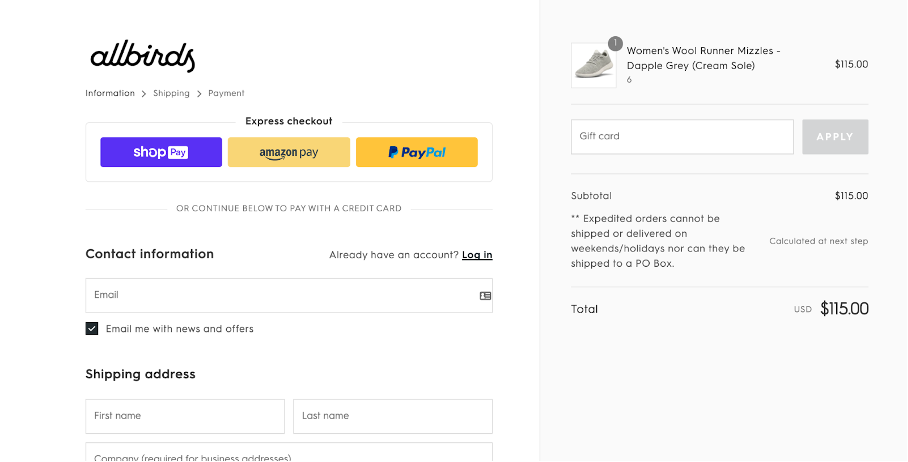 Allbirds e-commerce checkout example