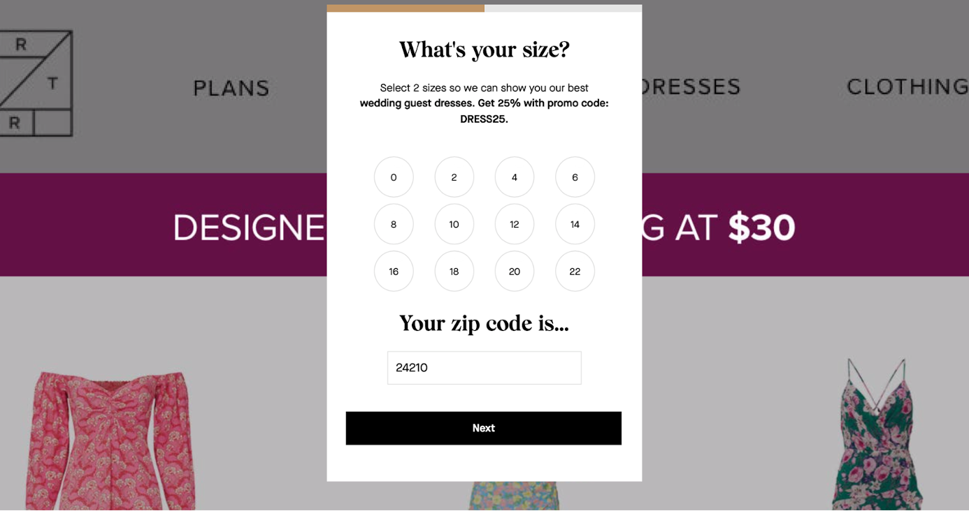 Rent the Runway ecommerce landing page for getting a specific audience’s size