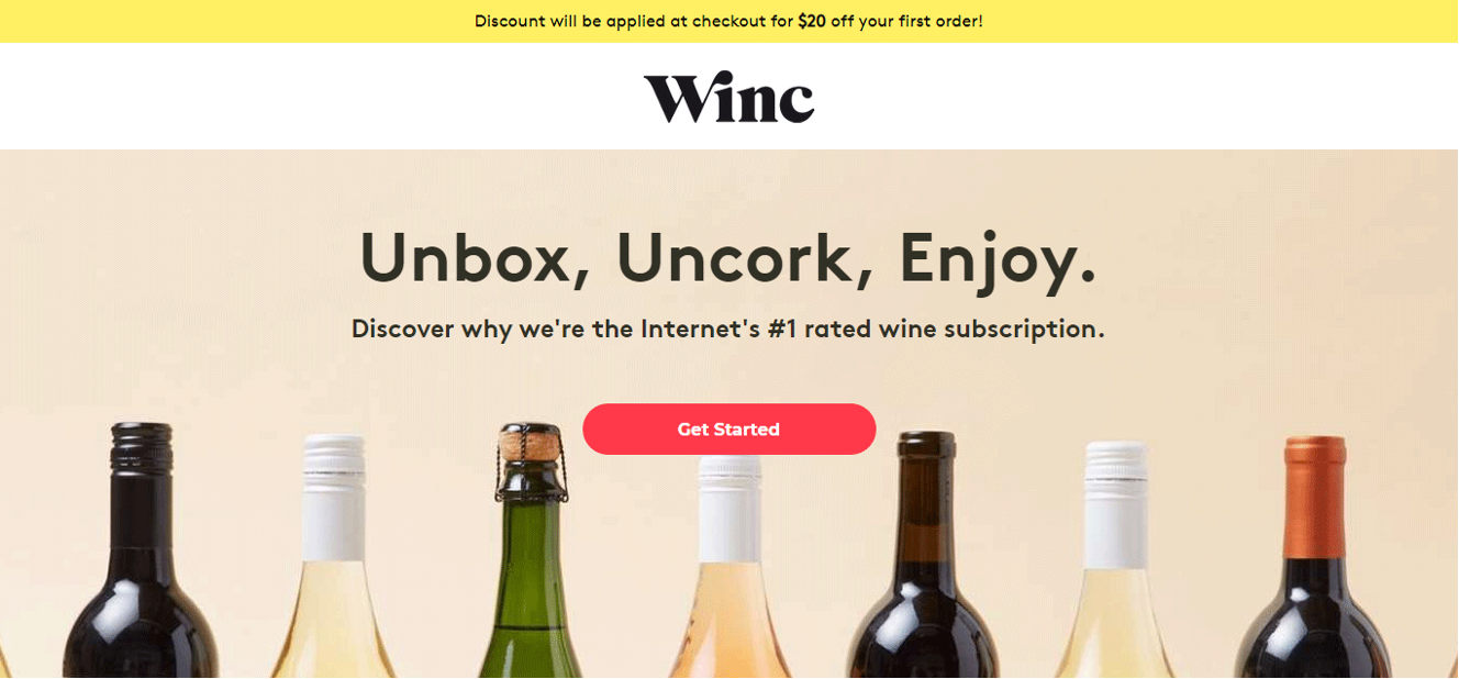 Winc ecommerce landing page for a wine subscription box