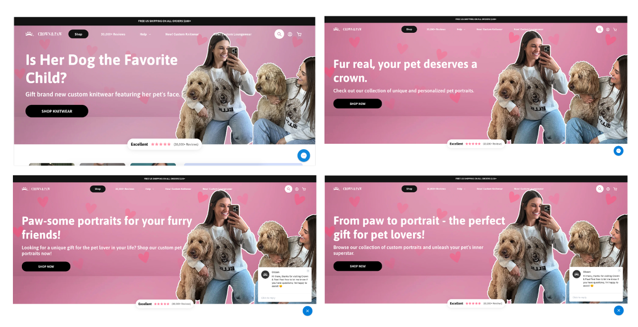 Crown & Paw homepage A/B test