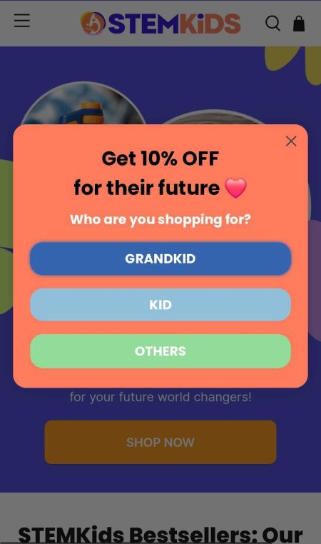 TheStemKids two step mobile popup type is great way to convert users