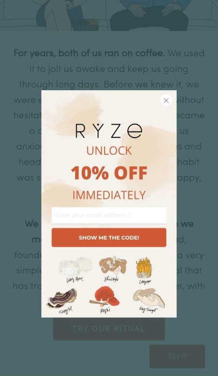 Ryze Mushroom Coffee's mobile popup is the ephitome of simplicity