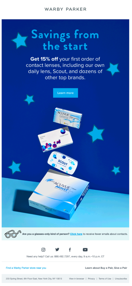 Warby Parker newsletter offering special coupons