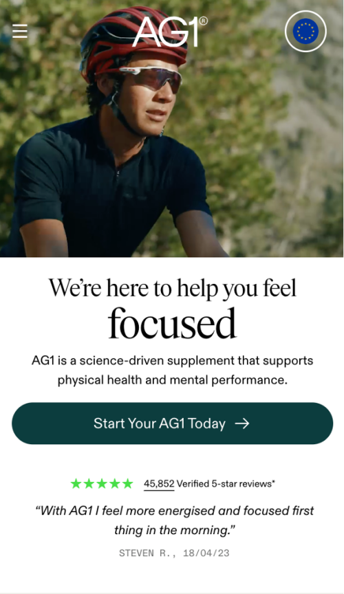 AG1 homepage for mobile users