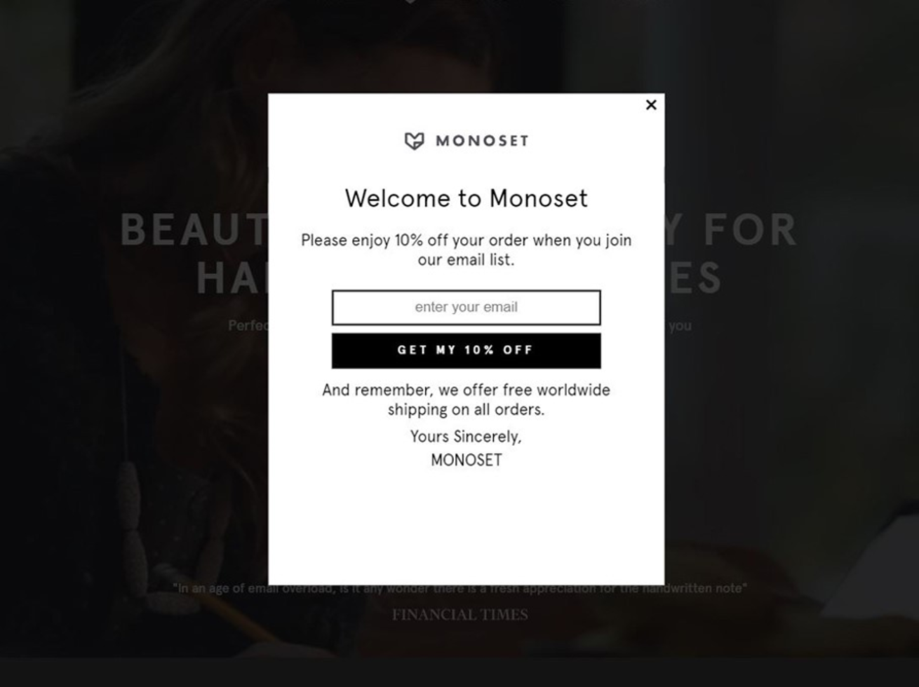 Monoset popup form example asking basic information only