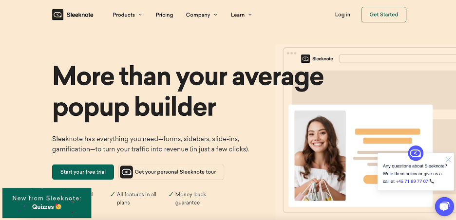 Sleeknote's lead generation software offering pop-ups