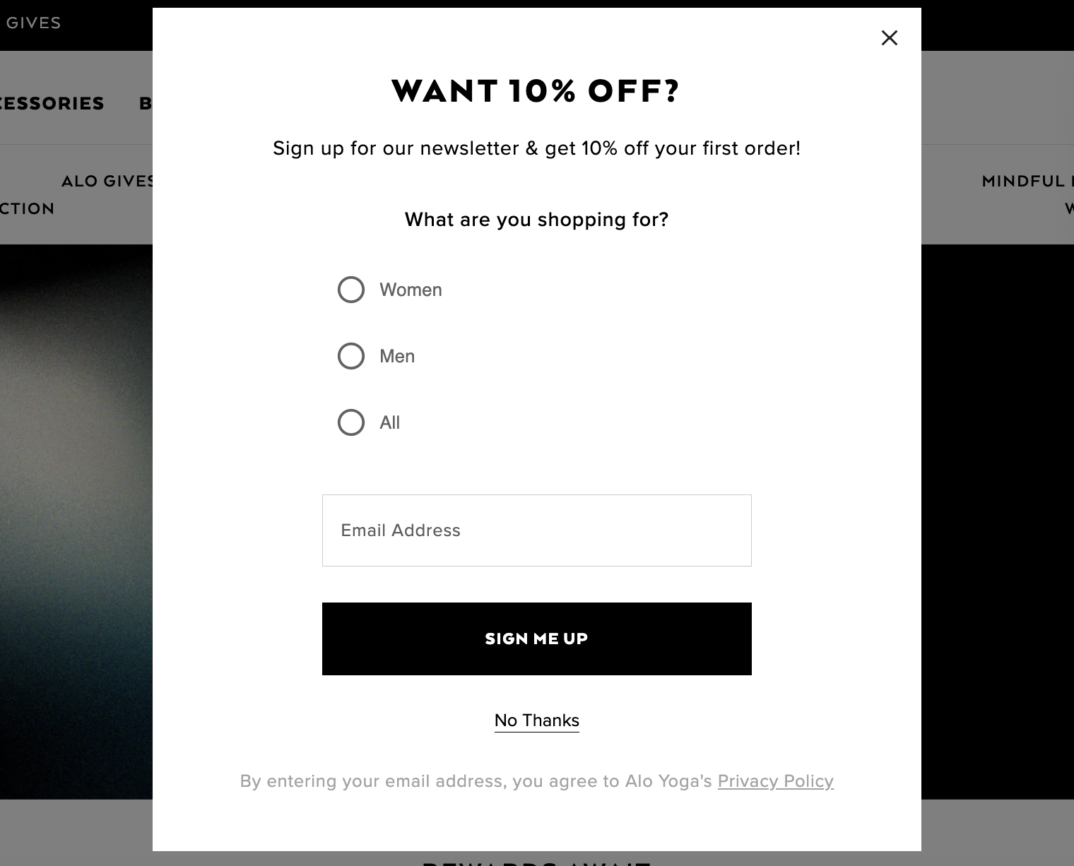 Alo Yoga email sign-up pop-up form