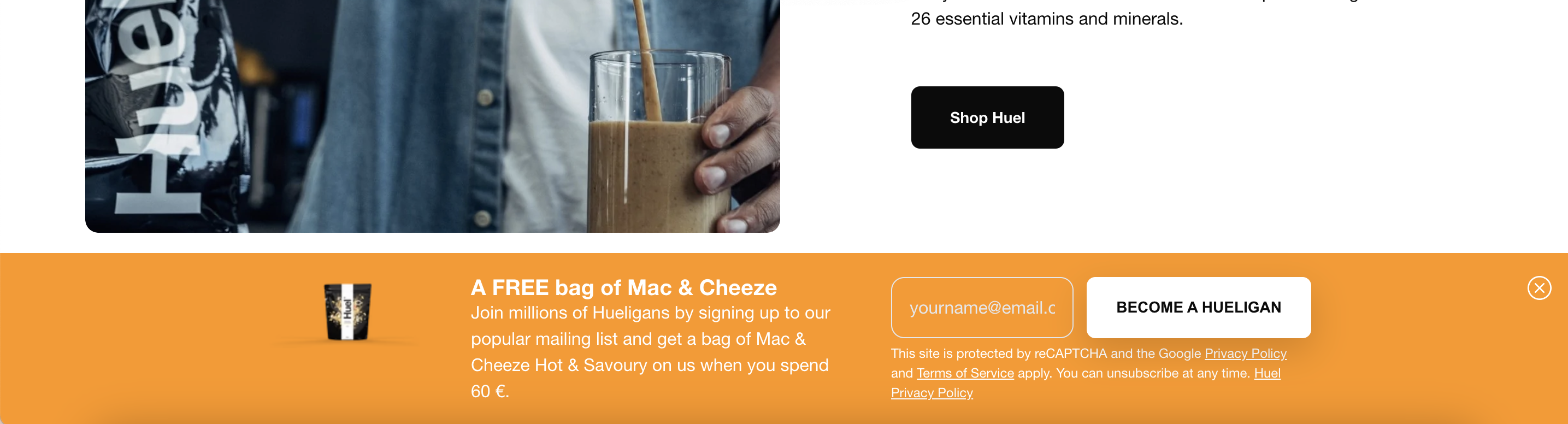 Huel newsletter signup forms sticky bar