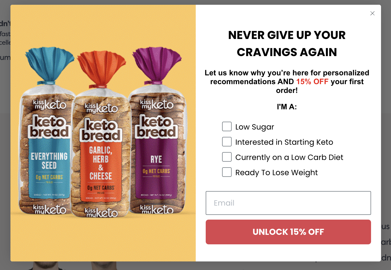 Kiss My Keto newsletter sign-up forms pop-up