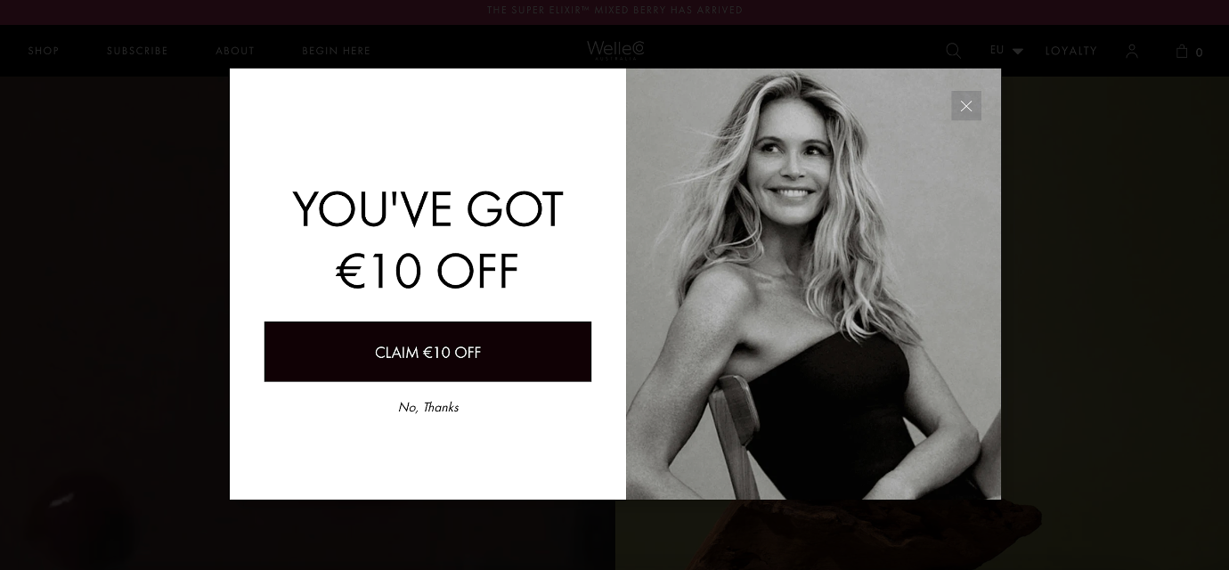 Sleek entry popup from WelleCo offering €10 off, matching the brand’s minimalist design