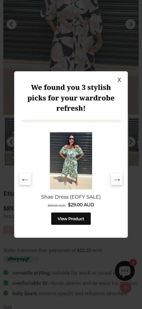 Millie N Me's exit intent mobile popup shows relevant product recommendations.