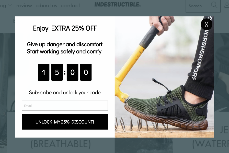 Exit-intent popup example from Indestructibleshoes