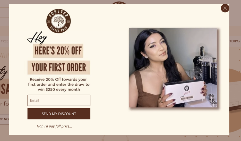 Forever Coffee Pods exit-intent popup offering 20% off.
