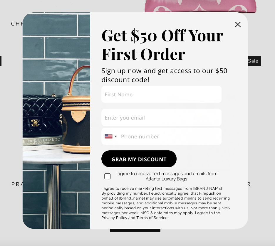 Atlanta Luxury Bags exit intent popup offering $50 off