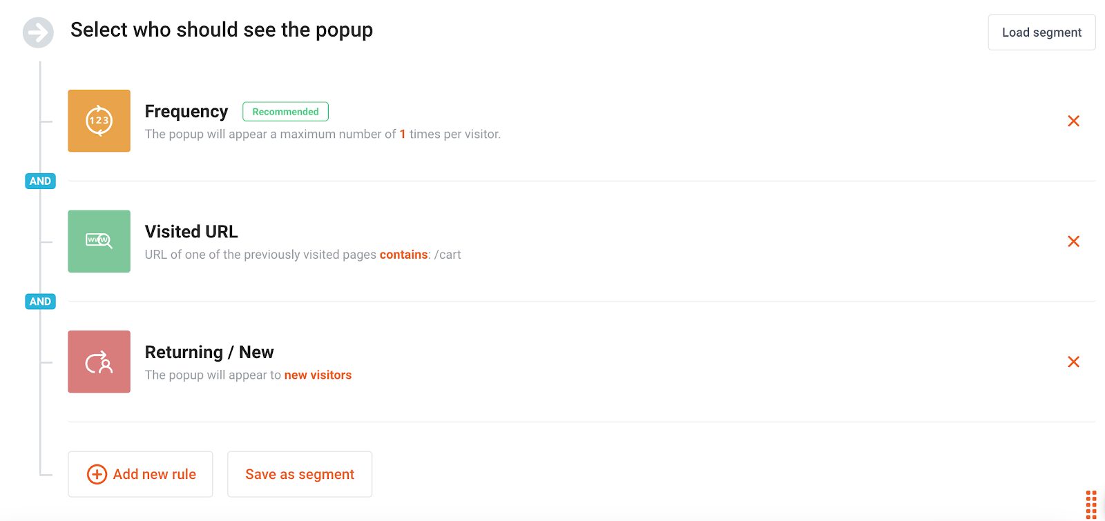 OptiMonk popup app targeting rules