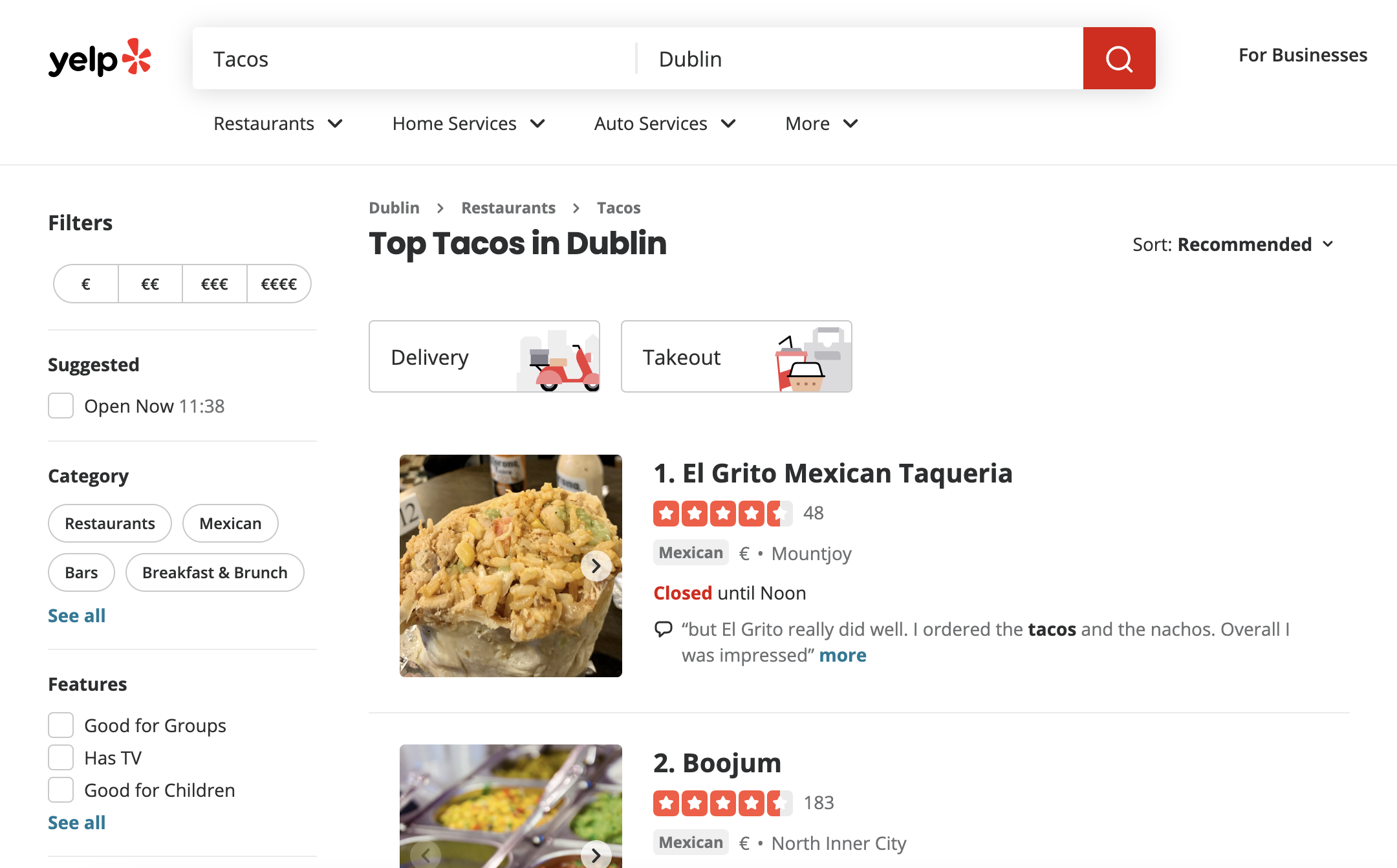 Yelp faceted navigation example