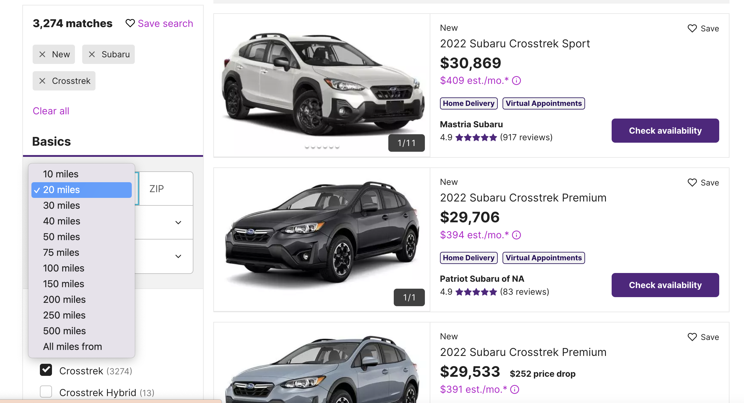 Faceted search on cars.com