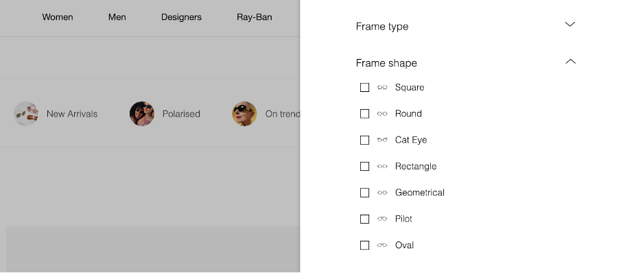Faceted search on Sunglass Hut’s website