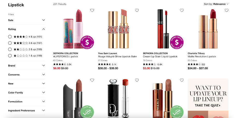 Faceted search on Sephora’s website