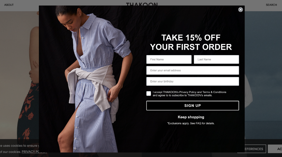 An email and SMS sign-up popup from THAKOON