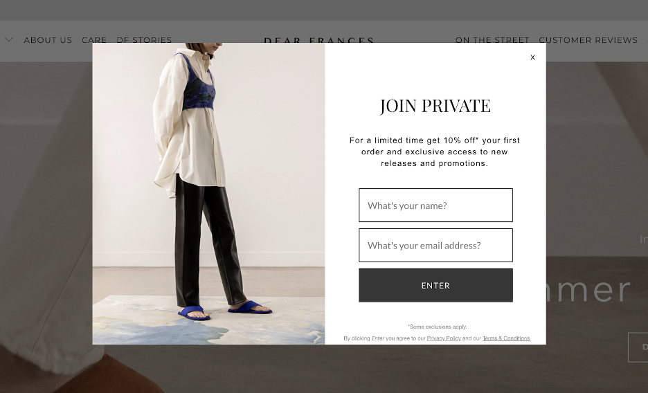 An email signup popup from Dear Frances