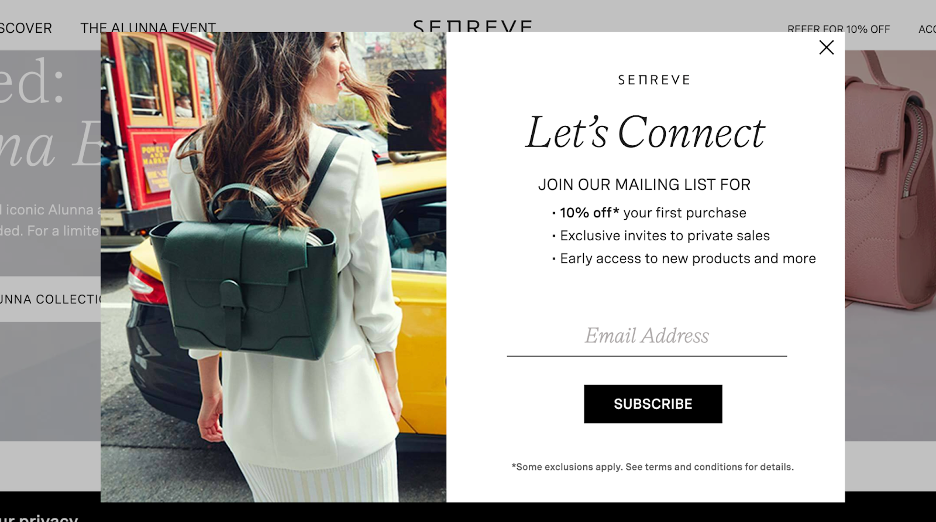 An email signup popup from Senreve