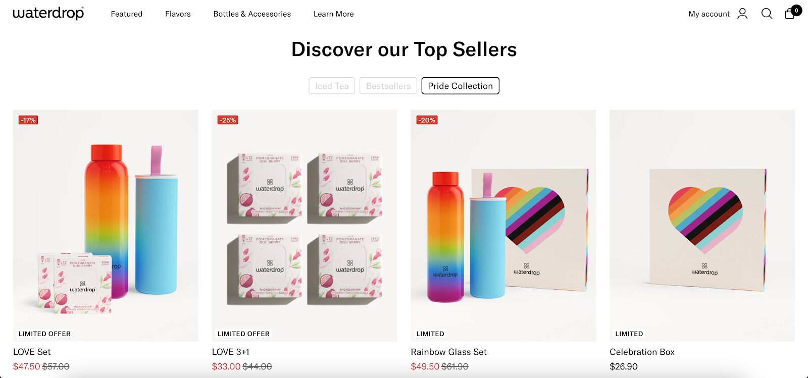 Waterdrop is promoting their featured product collection during Pride Month on their product pages.