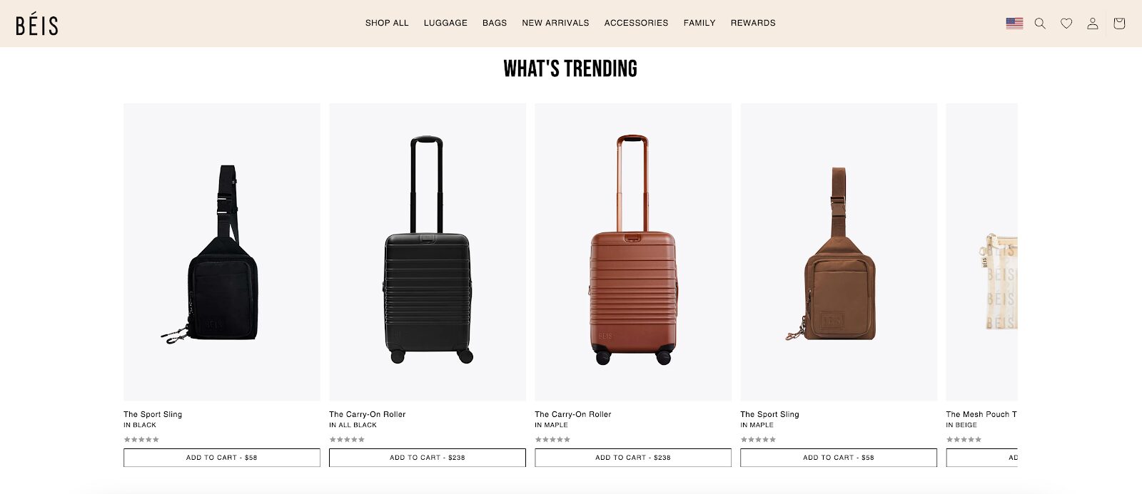 Beis is promoting various ways their related products, such as on their home page.