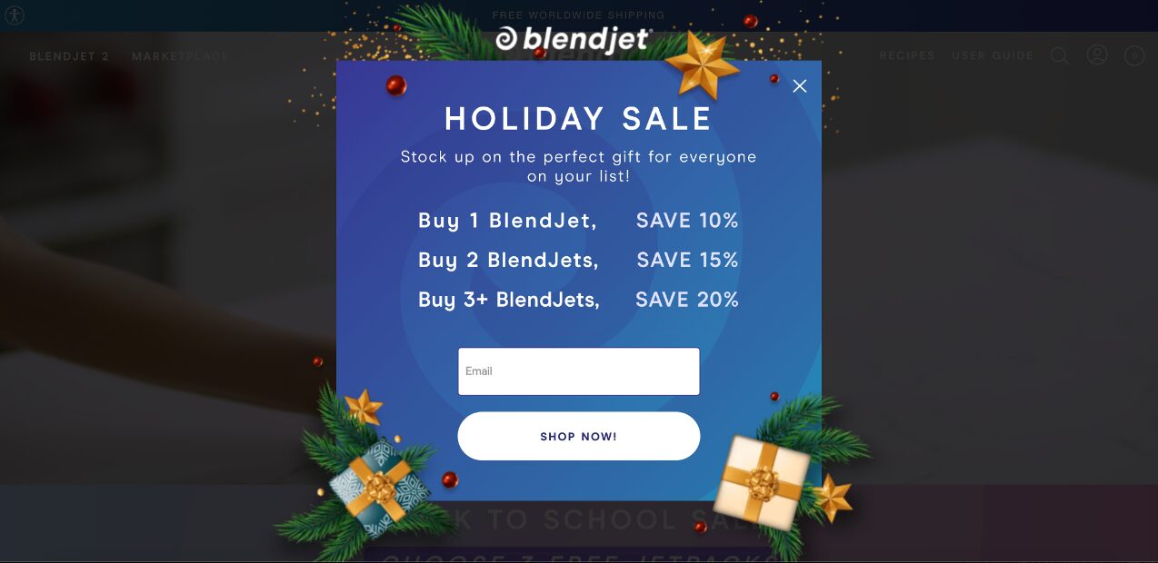 BlendJet holiday marketing popup
