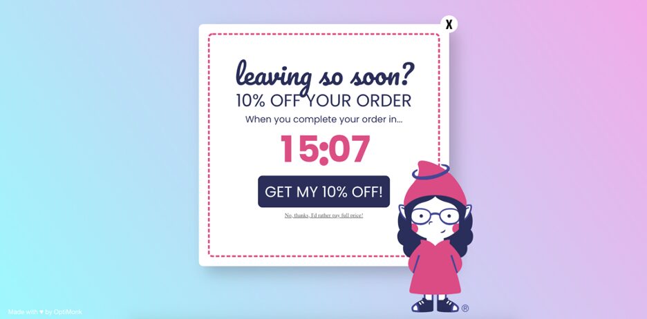 GnomeAngel's full screen exit intent popup.