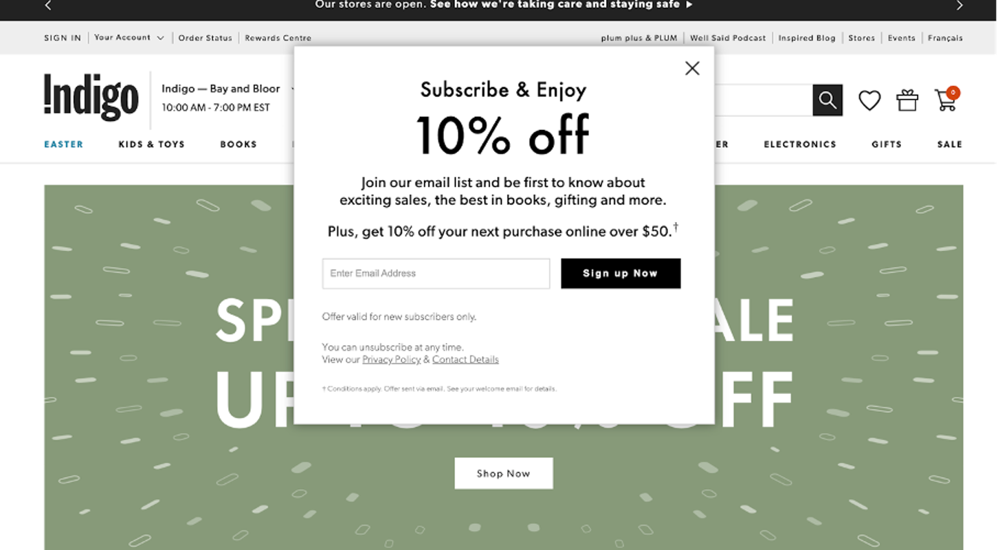 Indigo website popup example