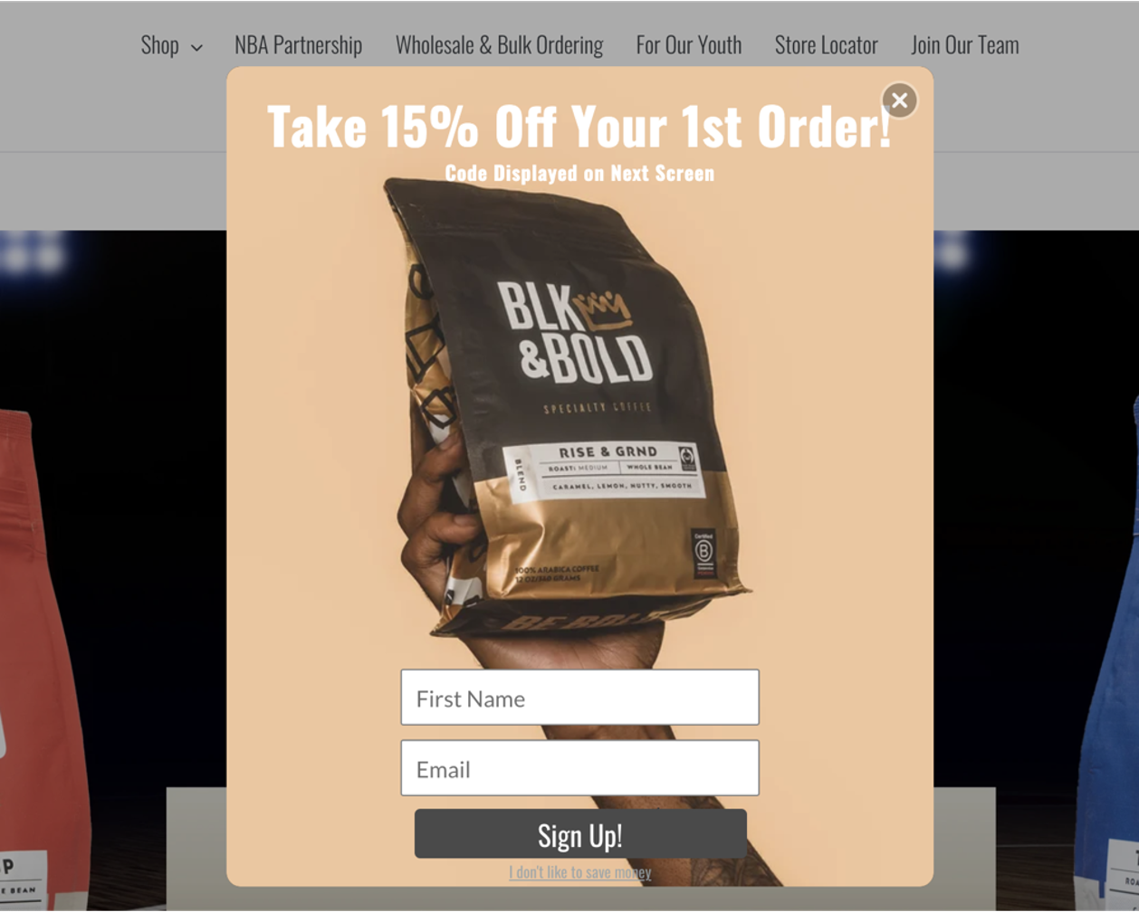 BLK & Bold website popup example