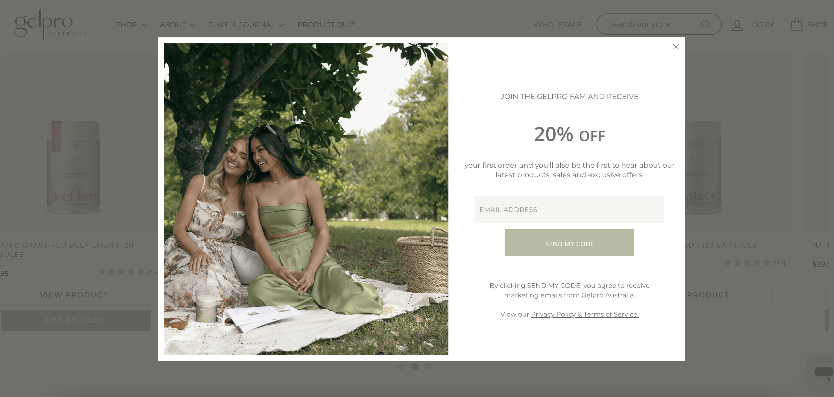 Gelpro Austrialia's pop-up invites the users to subscribe and join the "fam"