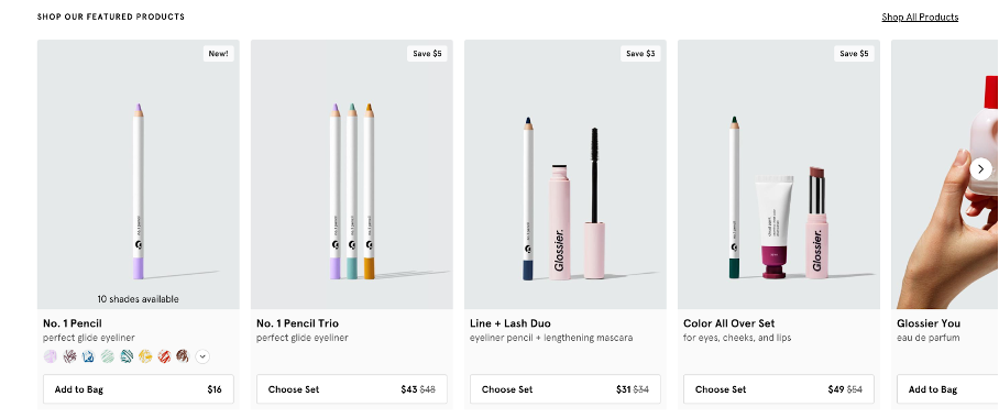 Product recommendations on Glossier's website